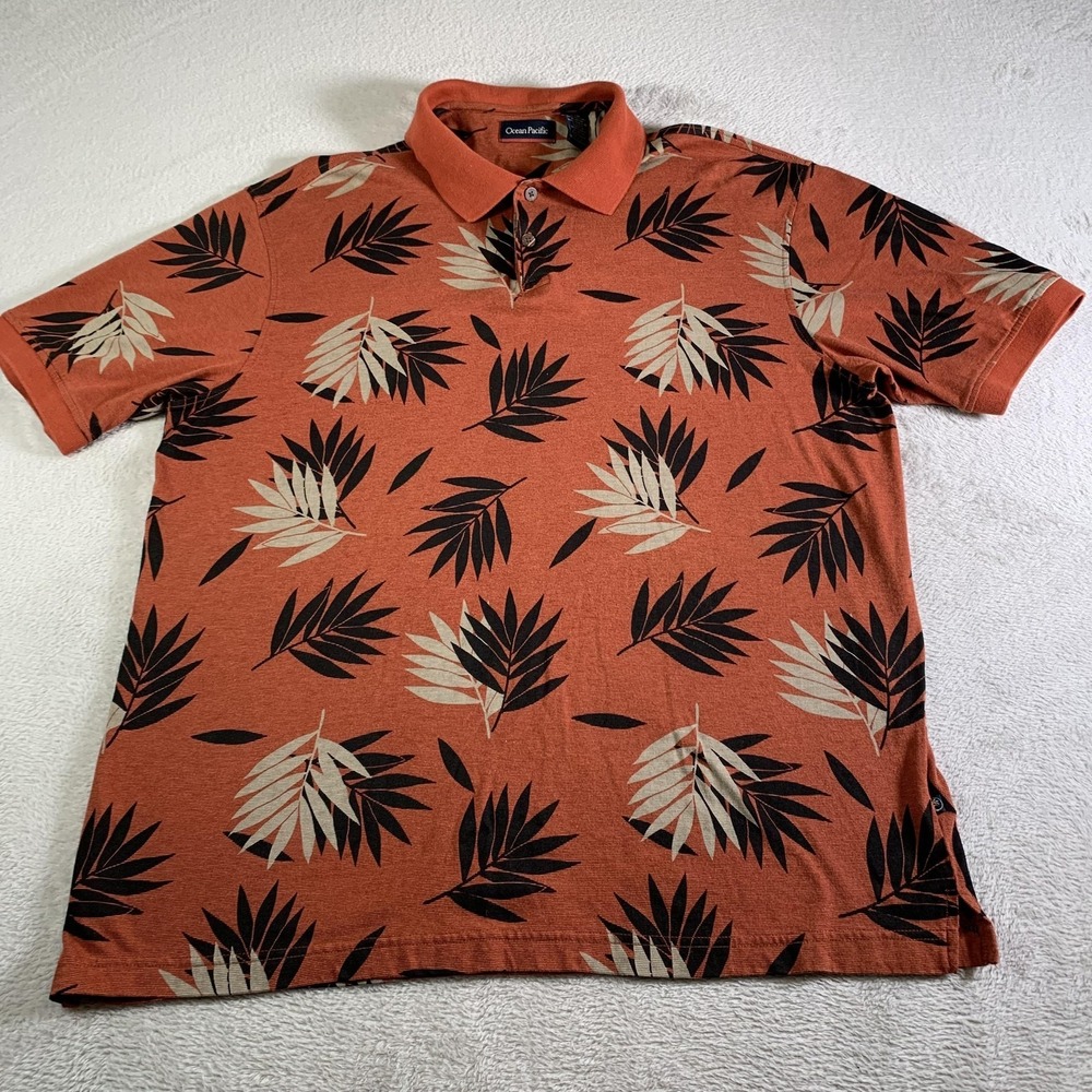 Vintage Ocean Pacific Polo Shirt Mens L Orange Leaf Tropical Beach Tencel Knit‎